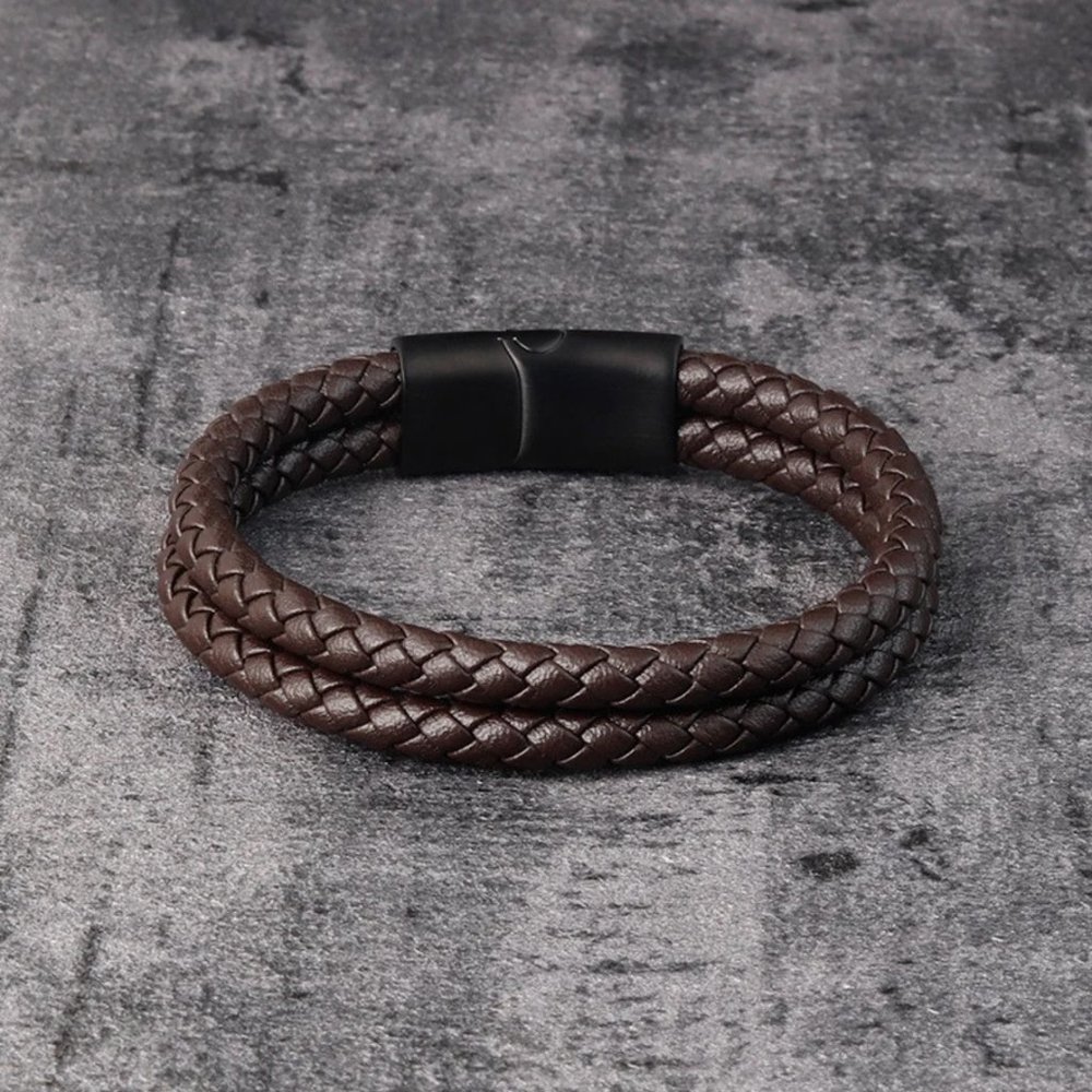 Men's Cowhide Leather Braided Cuff Bracelet Bangle Stainless Steel Clasp